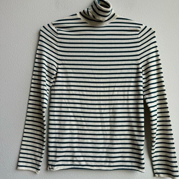 Zara Nautical Stripe Teal Blue Ribbed Turtleneck Size Medium Lightweight Stretch - Picture 1 of 4